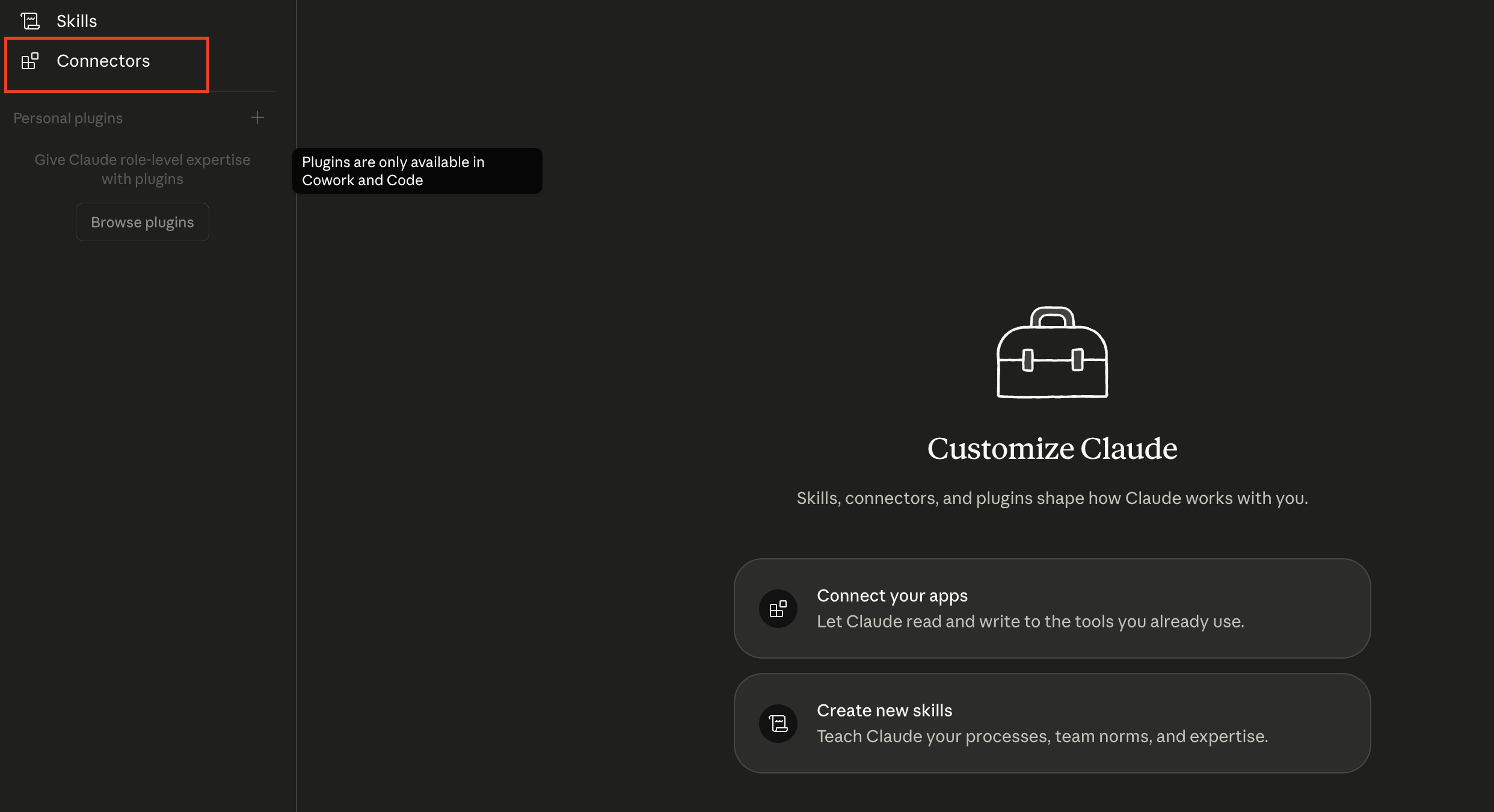 Connectors panel with the Personal plugins add button