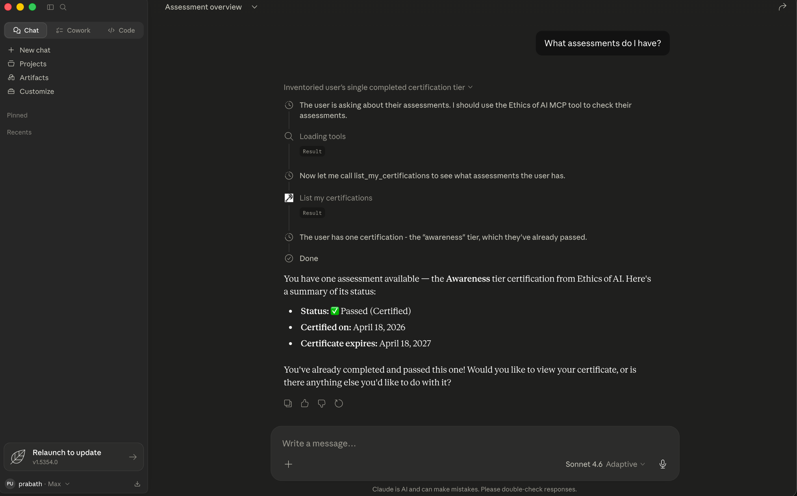 Claude calling list_my_certifications to answer a question about the user's assessments