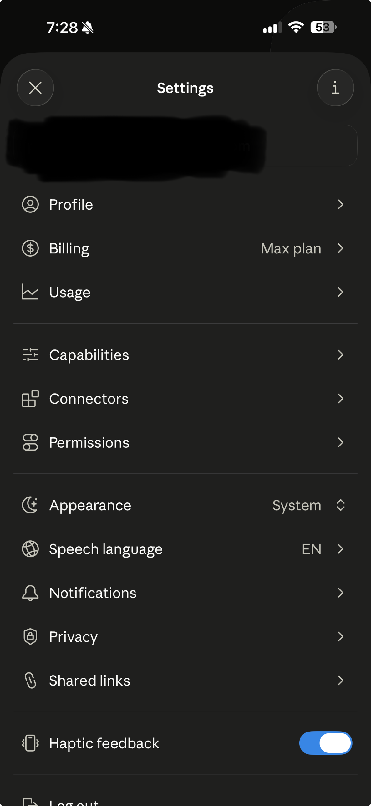 Claude iOS Settings screen showing the Connectors menu item