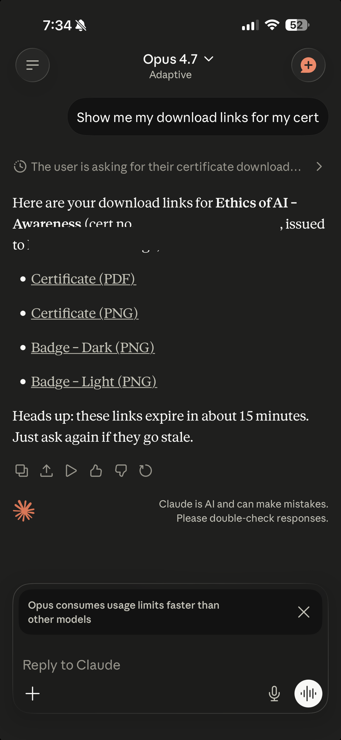 Claude on iOS responding to a certificate download-links query with PDF, PNG, and badge variants pulled from the Ethics of AI MCP